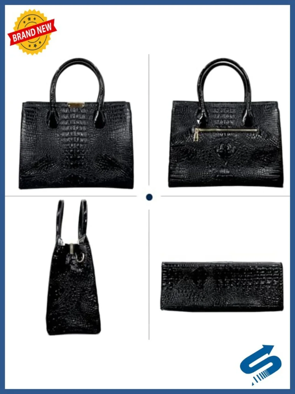 Patent PU Leather Crocodile Pattern Satchel Tote Handbag Set with Shoulder